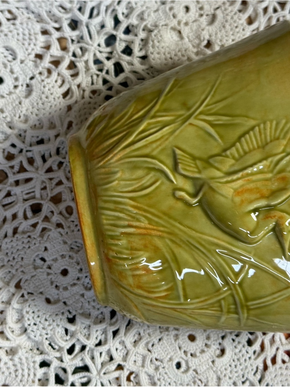 Vintage Yellow-Green Ceramic Bird Relief Planter - Picture 6 of 8